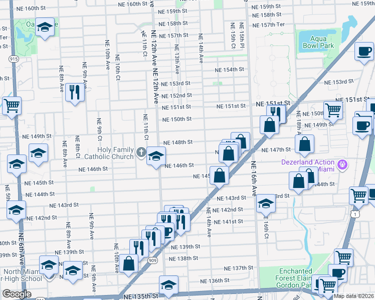 map of restaurants, bars, coffee shops, grocery stores, and more near 1295 Northeast 147th Street in Miami