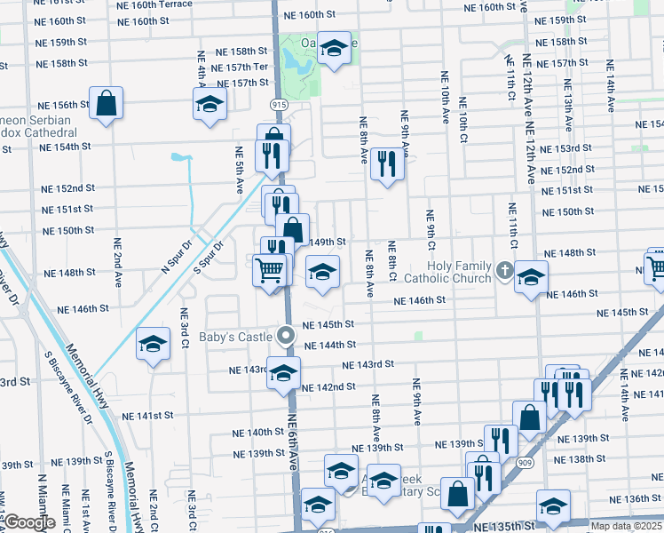 map of restaurants, bars, coffee shops, grocery stores, and more near 14770 Northeast 7th Avenue in Miami