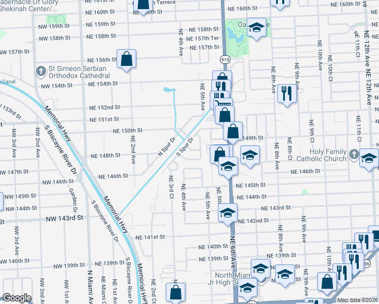 map of restaurants, bars, coffee shops, grocery stores, and more near 14761 South Spur Drive in Miami