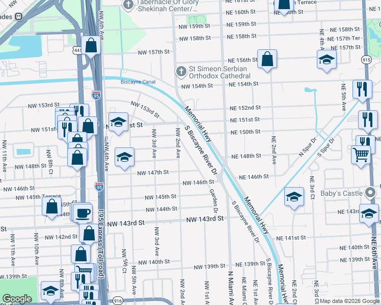 map of restaurants, bars, coffee shops, grocery stores, and more near 14830 South Biscayne River Drive in Miami