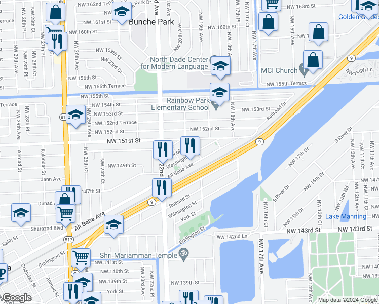 map of restaurants, bars, coffee shops, grocery stores, and more near 2013 Washington Avenue in Opa-locka