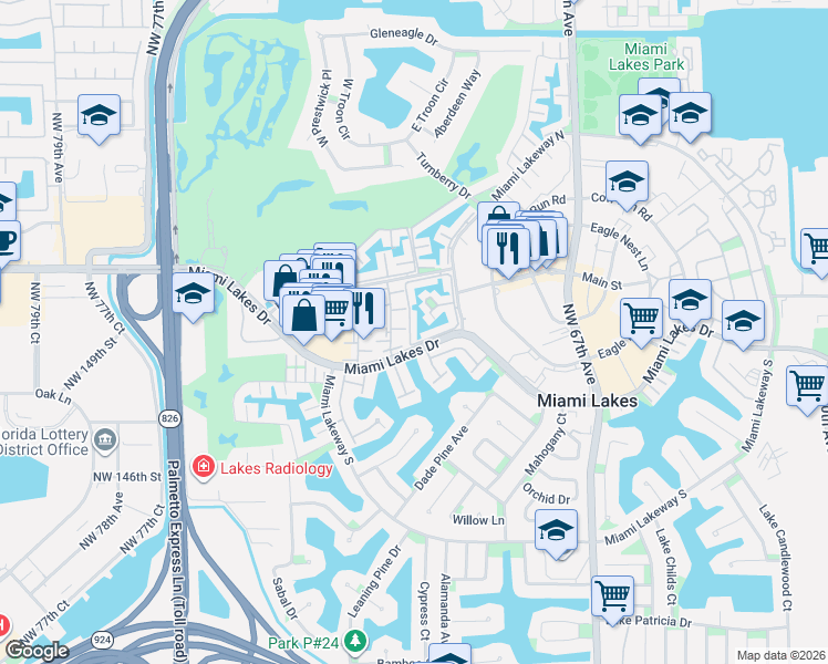 map of restaurants, bars, coffee shops, grocery stores, and more near 15189 Loch Isle Drive West in Hialeah