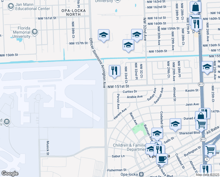 map of restaurants, bars, coffee shops, grocery stores, and more near 620 Oriental Boulevard in Opa-locka