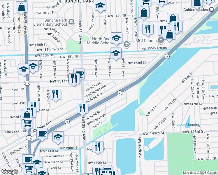 map of restaurants, bars, coffee shops, grocery stores, and more near 1851 Ali Baba Avenue in Opa-locka