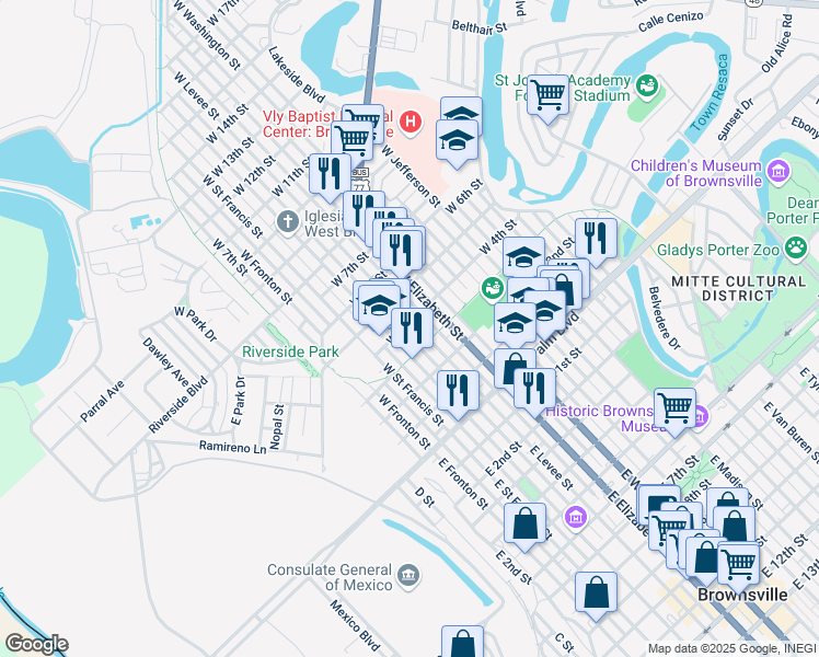 map of restaurants, bars, coffee shops, grocery stores, and more near 345 West Levee Street in Brownsville
