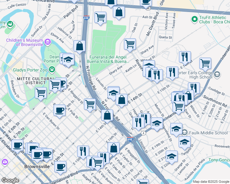 map of restaurants, bars, coffee shops, grocery stores, and more near 2055 East 12th Street in Brownsville