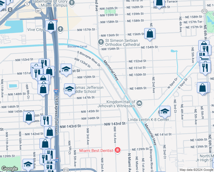 map of restaurants, bars, coffee shops, grocery stores, and more near 14830 South Biscayne River Drive in Miami