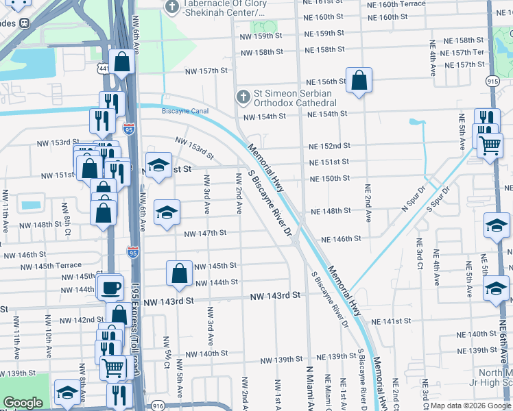 map of restaurants, bars, coffee shops, grocery stores, and more near 14830 South Biscayne River Drive in Miami