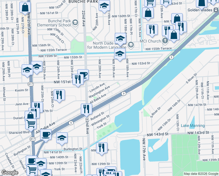 map of restaurants, bars, coffee shops, grocery stores, and more near 1851 Ali Baba Avenue in Opa-locka