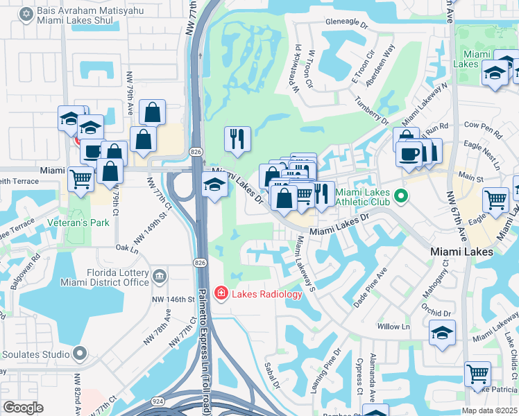 map of restaurants, bars, coffee shops, grocery stores, and more near 7430 Miami Lakes Drive in Miami Lakes