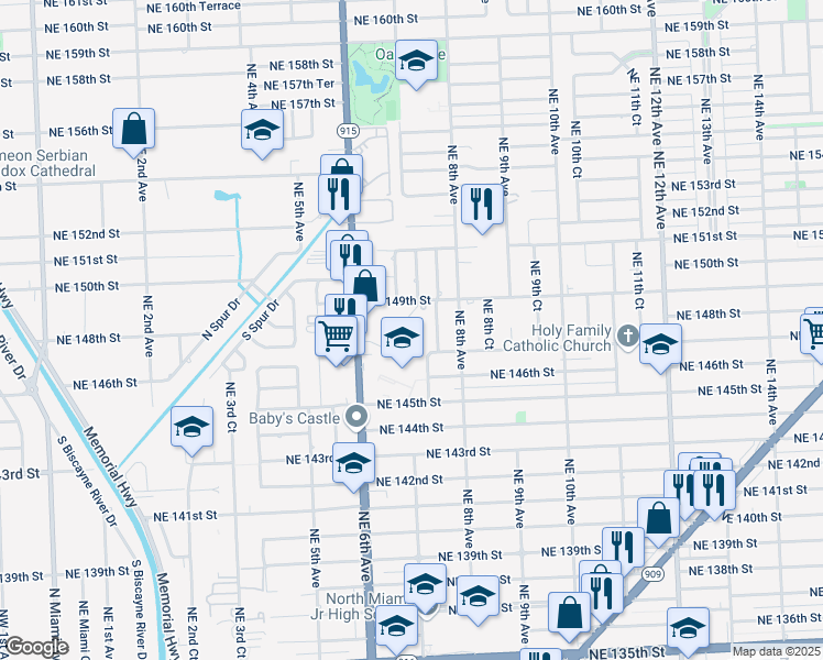 map of restaurants, bars, coffee shops, grocery stores, and more near 14770 Northeast 7th Avenue in Miami