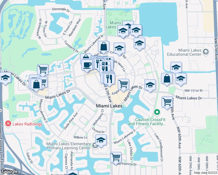 map of restaurants, bars, coffee shops, grocery stores, and more near 15121 Northwest 67th Avenue in Miami Lakes