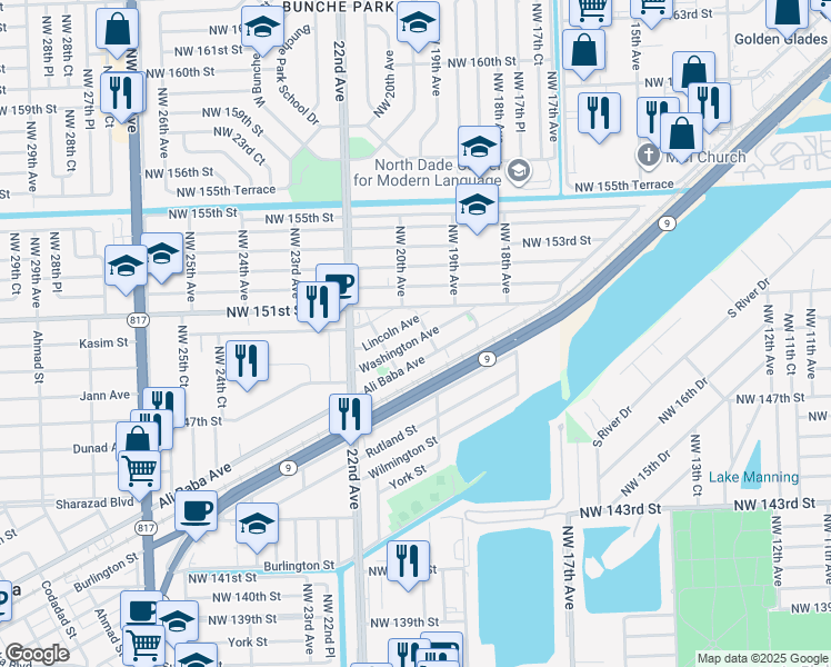 map of restaurants, bars, coffee shops, grocery stores, and more near 2013 Washington Avenue in Opa-locka