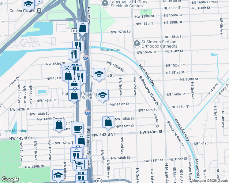 map of restaurants, bars, coffee shops, grocery stores, and more near 340 Northwest 149th Street in Miami