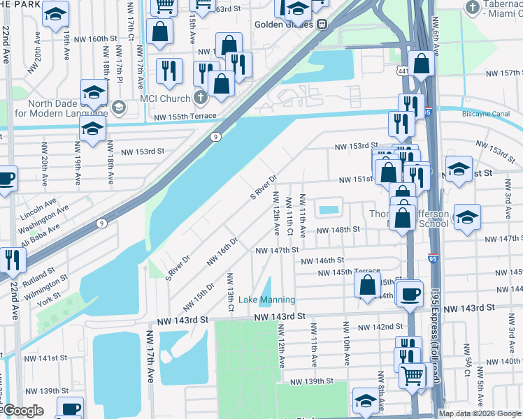 map of restaurants, bars, coffee shops, grocery stores, and more near 14981S South River Drive in Miami