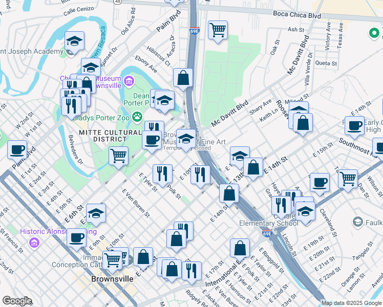 map of restaurants, bars, coffee shops, grocery stores, and more near 901 East Filmore Street in Brownsville