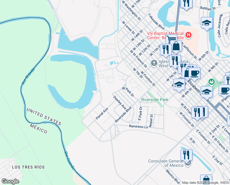 map of restaurants, bars, coffee shops, grocery stores, and more near 281 West Park Drive in Brownsville