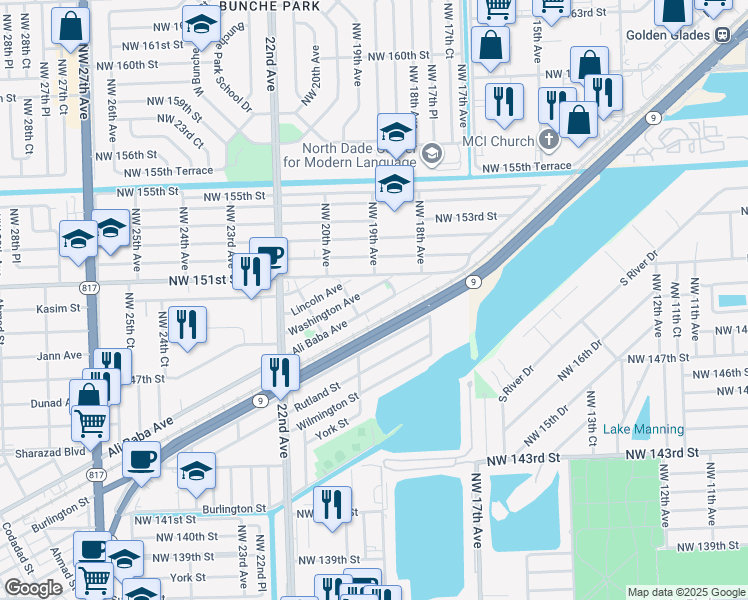map of restaurants, bars, coffee shops, grocery stores, and more near 1851 Ali Baba Avenue in Opa-locka