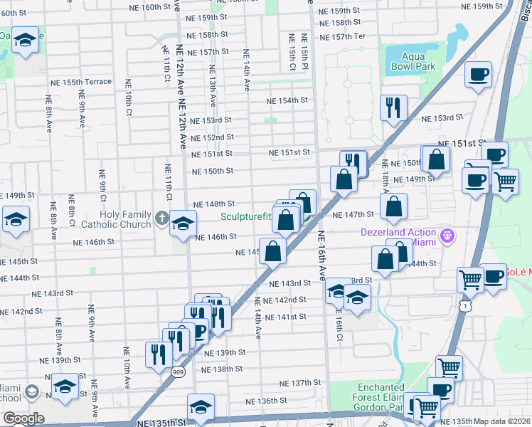 map of restaurants, bars, coffee shops, grocery stores, and more near 1431 Northeast 147th Street in Miami