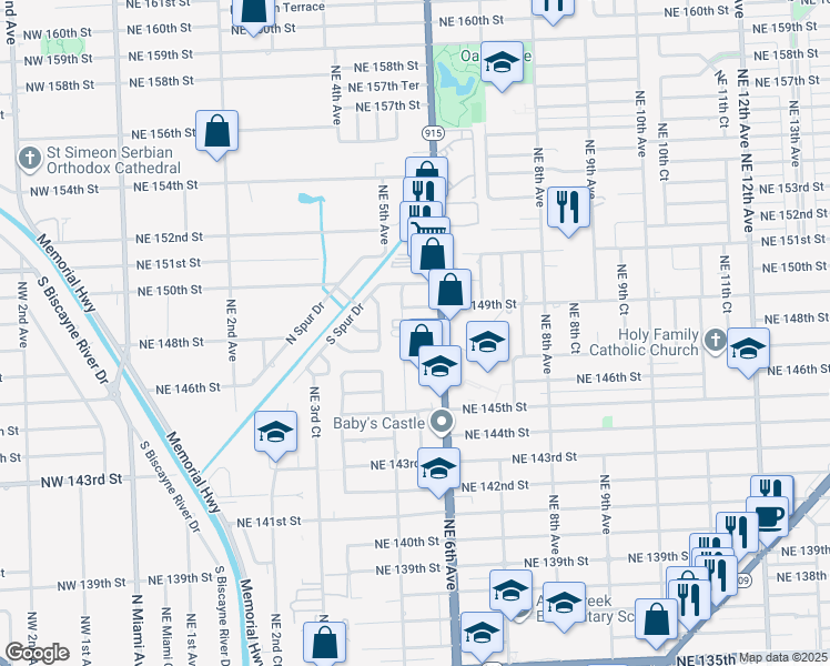 map of restaurants, bars, coffee shops, grocery stores, and more near 14725 Northeast 5th Court in Miami