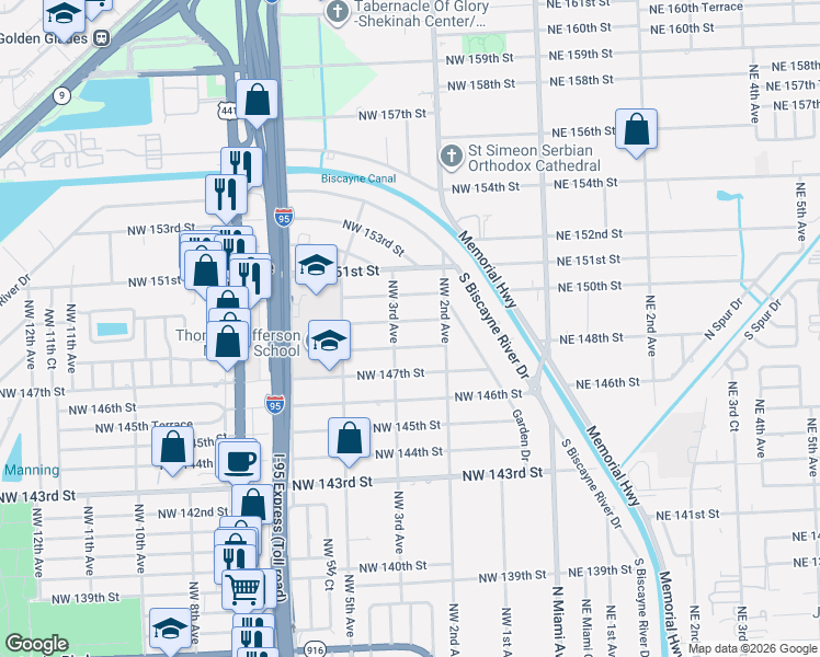 map of restaurants, bars, coffee shops, grocery stores, and more near 271 Northwest 148th Street in Miami