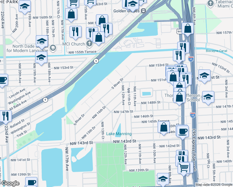 map of restaurants, bars, coffee shops, grocery stores, and more near 14981S South River Drive in Miami