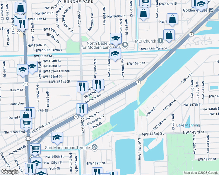 map of restaurants, bars, coffee shops, grocery stores, and more near 1851 Ali Baba Avenue in Opa-locka