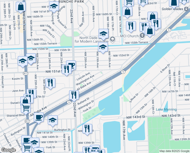 map of restaurants, bars, coffee shops, grocery stores, and more near 1851 Ali Baba Avenue in Opa-locka