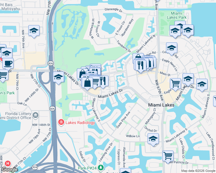 map of restaurants, bars, coffee shops, grocery stores, and more near 15189 Loch Isle Drive West in Hialeah