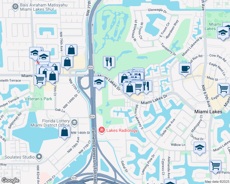 map of restaurants, bars, coffee shops, grocery stores, and more near 7490 Miami Lakes Drive in Hialeah