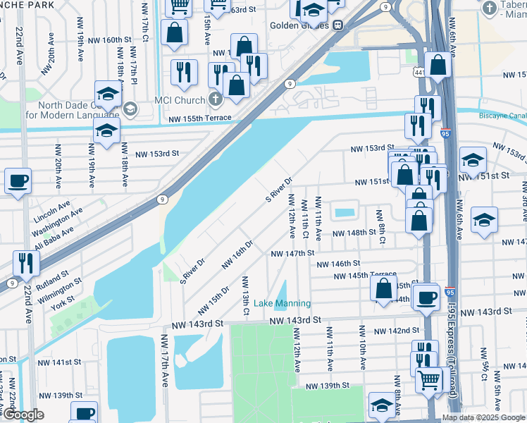 map of restaurants, bars, coffee shops, grocery stores, and more near 14981S South River Drive in Miami