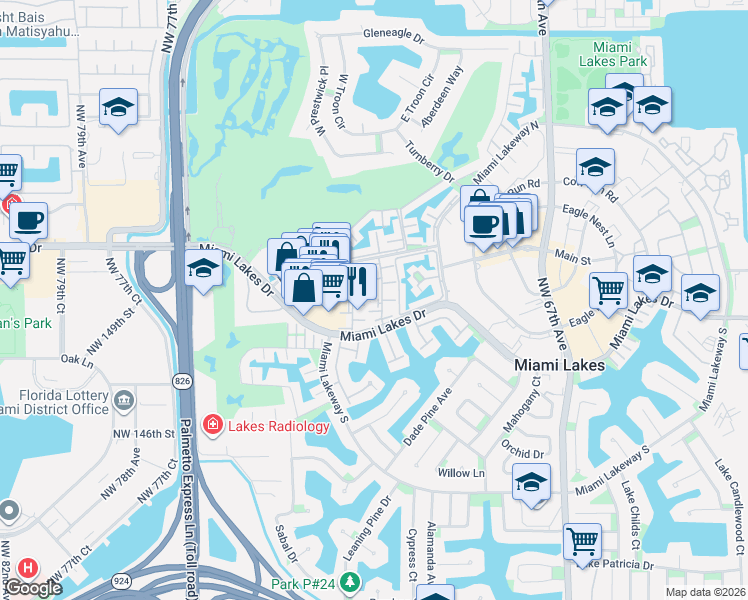 map of restaurants, bars, coffee shops, grocery stores, and more near 7155 Miami Lakes Drive in Miami Lakes