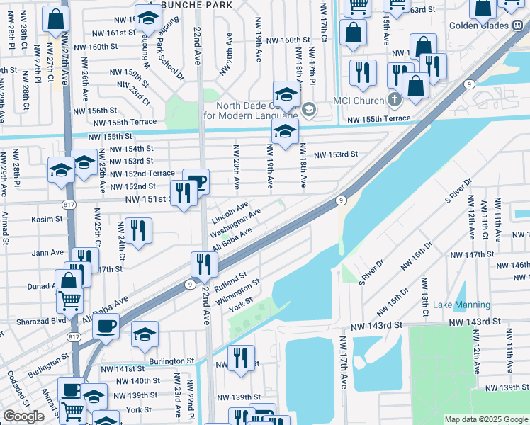 map of restaurants, bars, coffee shops, grocery stores, and more near 1851 Ali Baba Avenue in Opa-locka