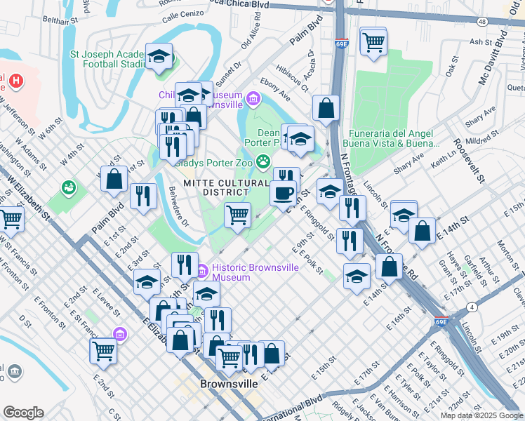 map of restaurants, bars, coffee shops, grocery stores, and more near 1501 East 7th Street in Brownsville