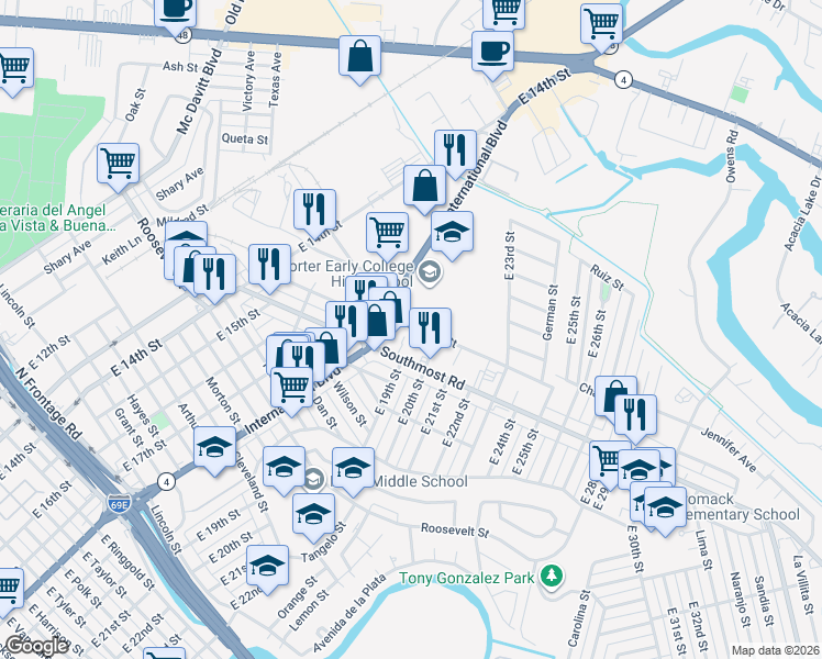 map of restaurants, bars, coffee shops, grocery stores, and more near 1854 Coolidge Street in Brownsville