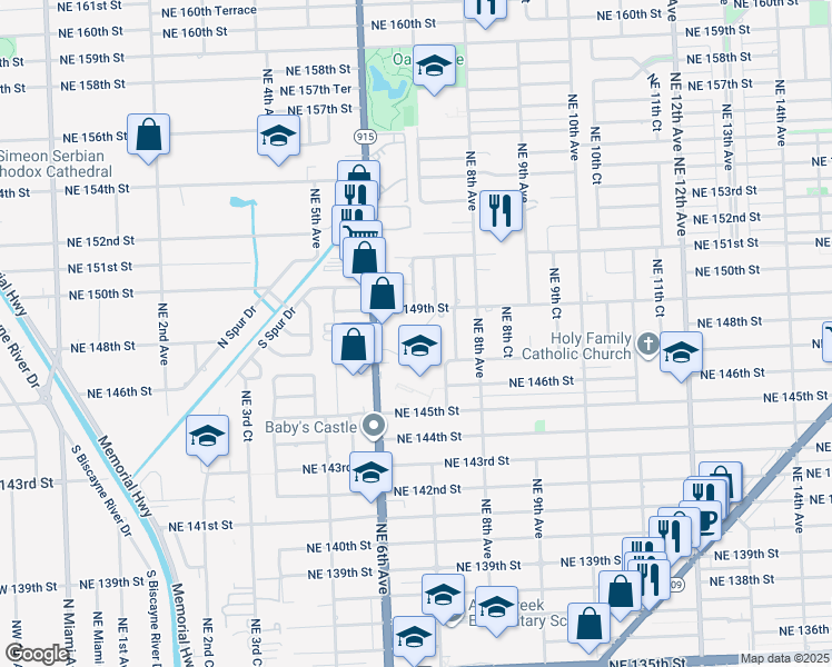 map of restaurants, bars, coffee shops, grocery stores, and more near 14770 Northeast 7th Avenue in Miami