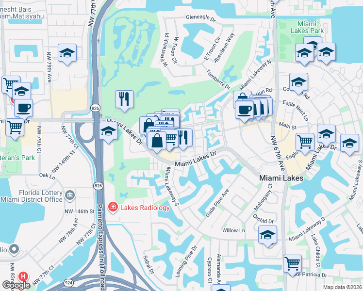 map of restaurants, bars, coffee shops, grocery stores, and more near 7223 Miami Lakes Drive in Miami Lakes