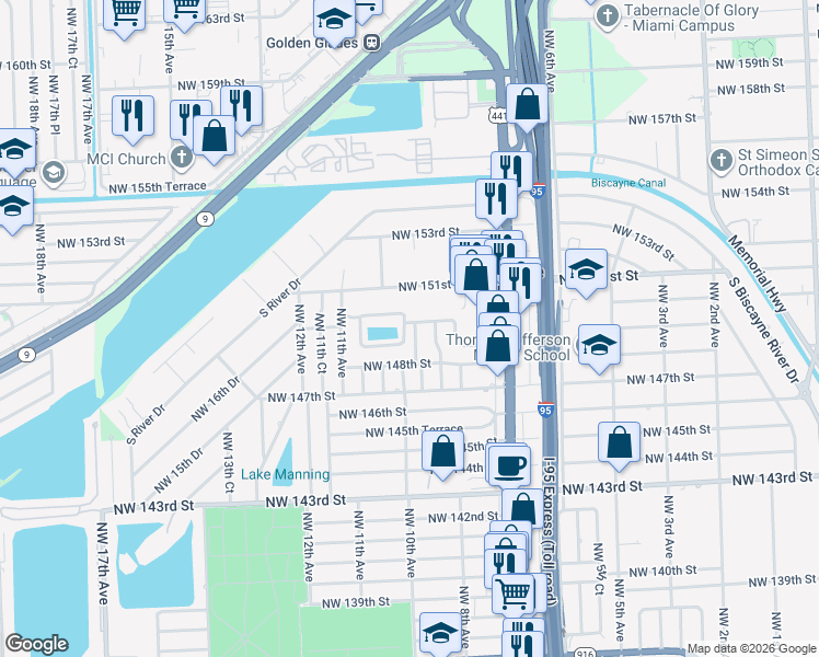 map of restaurants, bars, coffee shops, grocery stores, and more near 14900 Northwest 9th Court in Miami