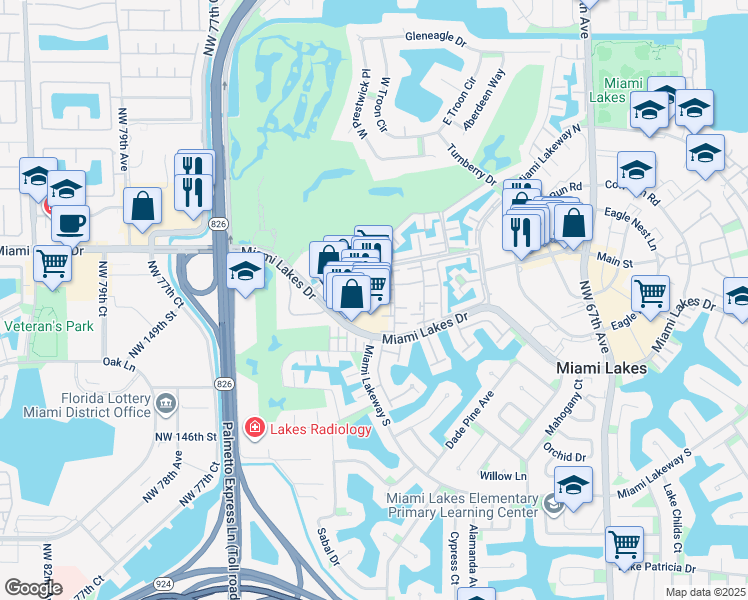 map of restaurants, bars, coffee shops, grocery stores, and more near 7315 Miami Lakes Drive in Hialeah