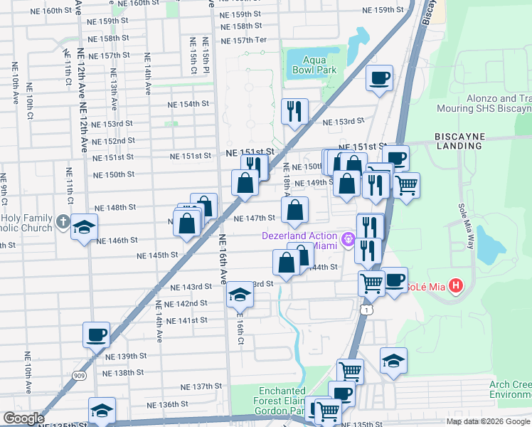 map of restaurants, bars, coffee shops, grocery stores, and more near 1730 Northeast 147th Street in Miami