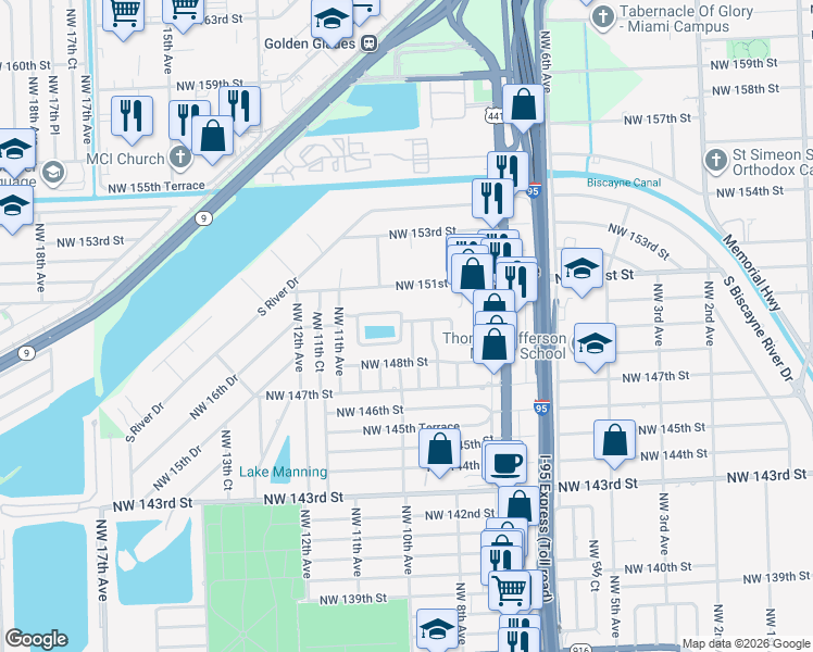 map of restaurants, bars, coffee shops, grocery stores, and more near 14900 Northwest 9th Court in Miami