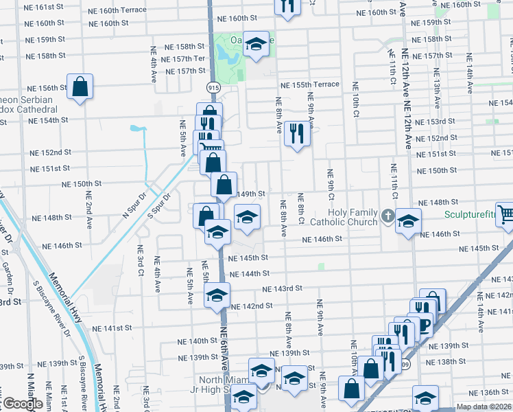 map of restaurants, bars, coffee shops, grocery stores, and more near 14770 Northeast 7th Avenue in Miami