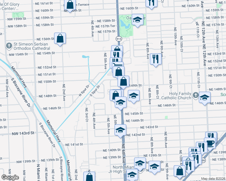 map of restaurants, bars, coffee shops, grocery stores, and more near 14866 Northeast 6th Avenue in Miami