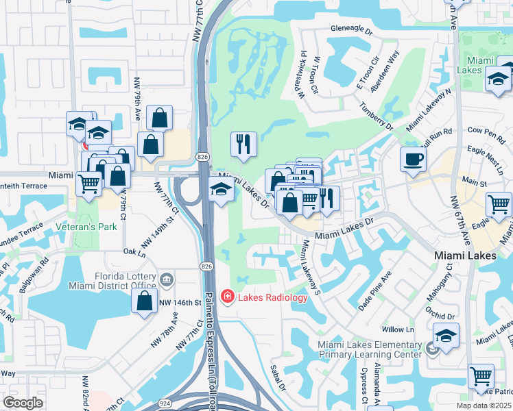 map of restaurants, bars, coffee shops, grocery stores, and more near 7490 Miami Lakes Drive in Hialeah
