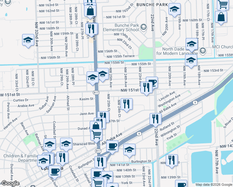 map of restaurants, bars, coffee shops, grocery stores, and more near 2388 Northwest 150th Street in Opa-locka