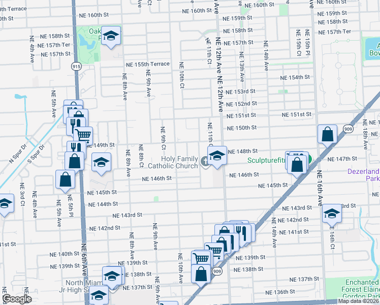 map of restaurants, bars, coffee shops, grocery stores, and more near 14735 Northeast 10th Court in Miami