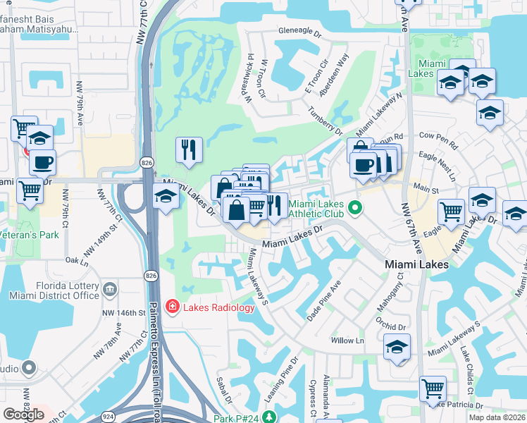 map of restaurants, bars, coffee shops, grocery stores, and more near 7223 Miami Lakes Drive in Miami Lakes