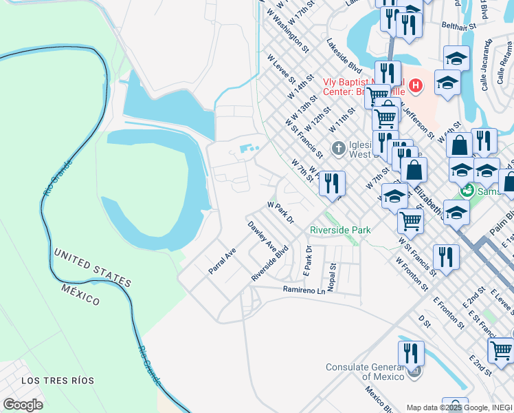map of restaurants, bars, coffee shops, grocery stores, and more near 281-293 West Park Drive in Brownsville