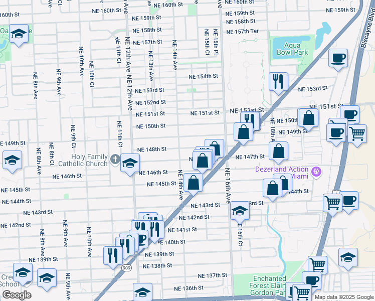 map of restaurants, bars, coffee shops, grocery stores, and more near 1431 Northeast 147th Street in Miami