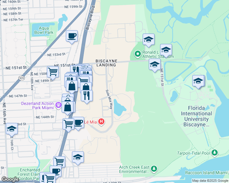map of restaurants, bars, coffee shops, grocery stores, and more near 2321 Laguna Circle in North Miami